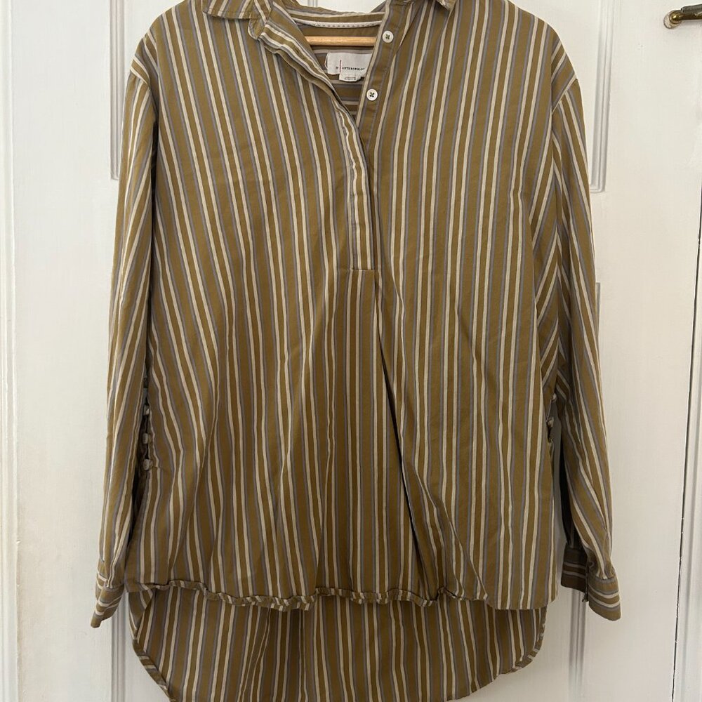 By Anthropologie Olive Green Blue Striped Side-Button Tunic Blouse Size Medium - Picture 6 of 9